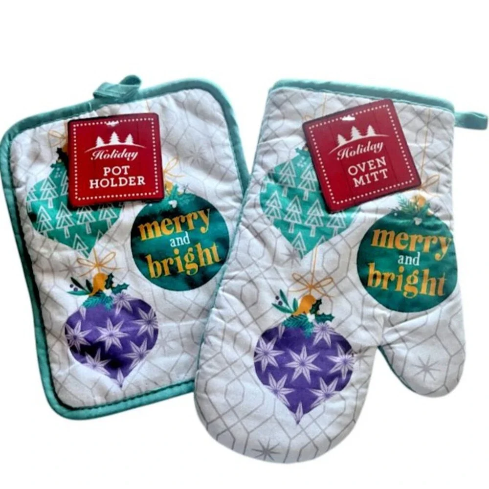 Christmas Oven Mitt Potholder White Teal Merry Bright Ornaments Set of 2